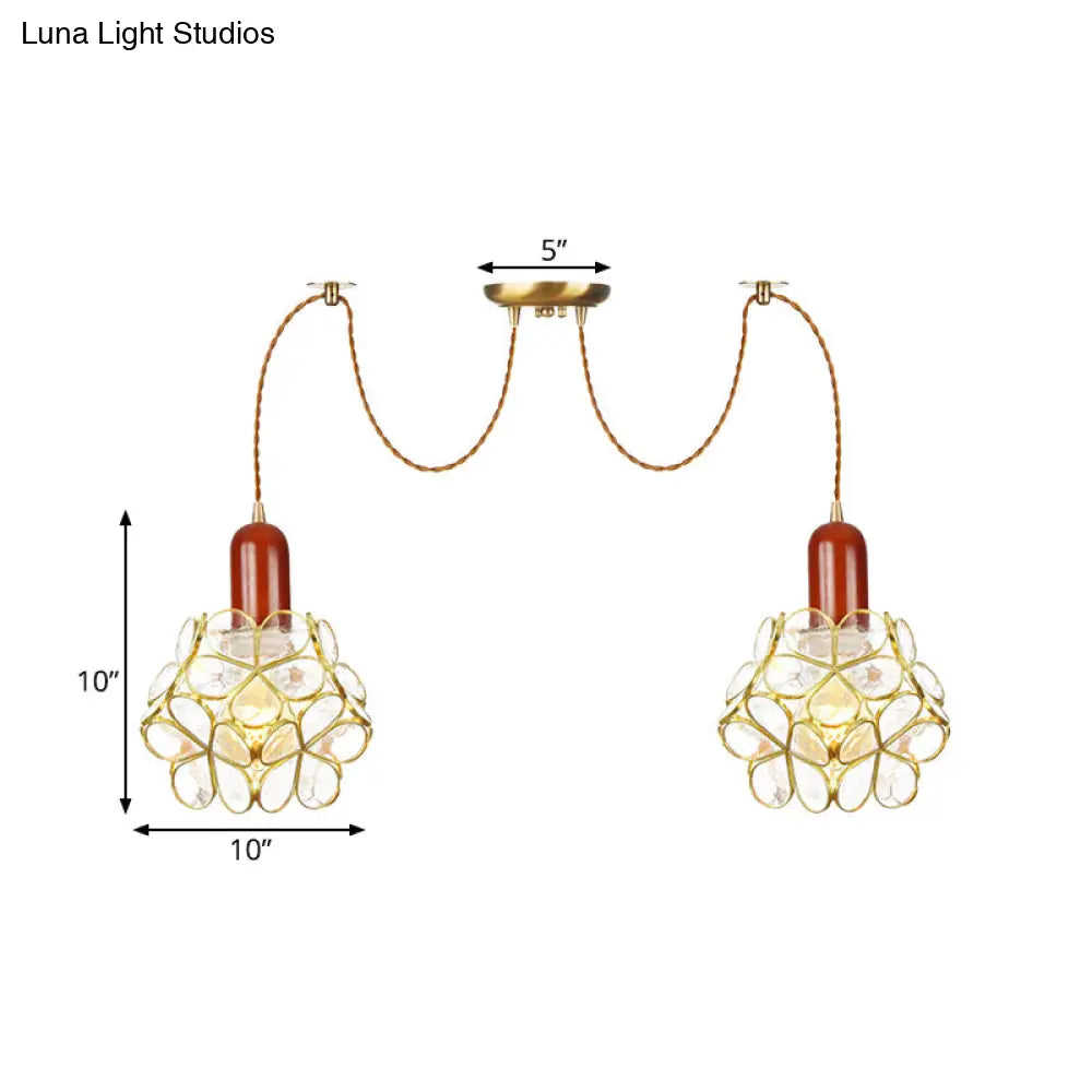 Traditional Gold Flower Bedroom Pendant Light - 2/3/4-Head Clear Water Glass Swag Lamp