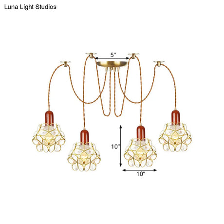 Traditional Gold Flower Bedroom Pendant Light - 2/3/4-Head Clear Water Glass Swag Lamp