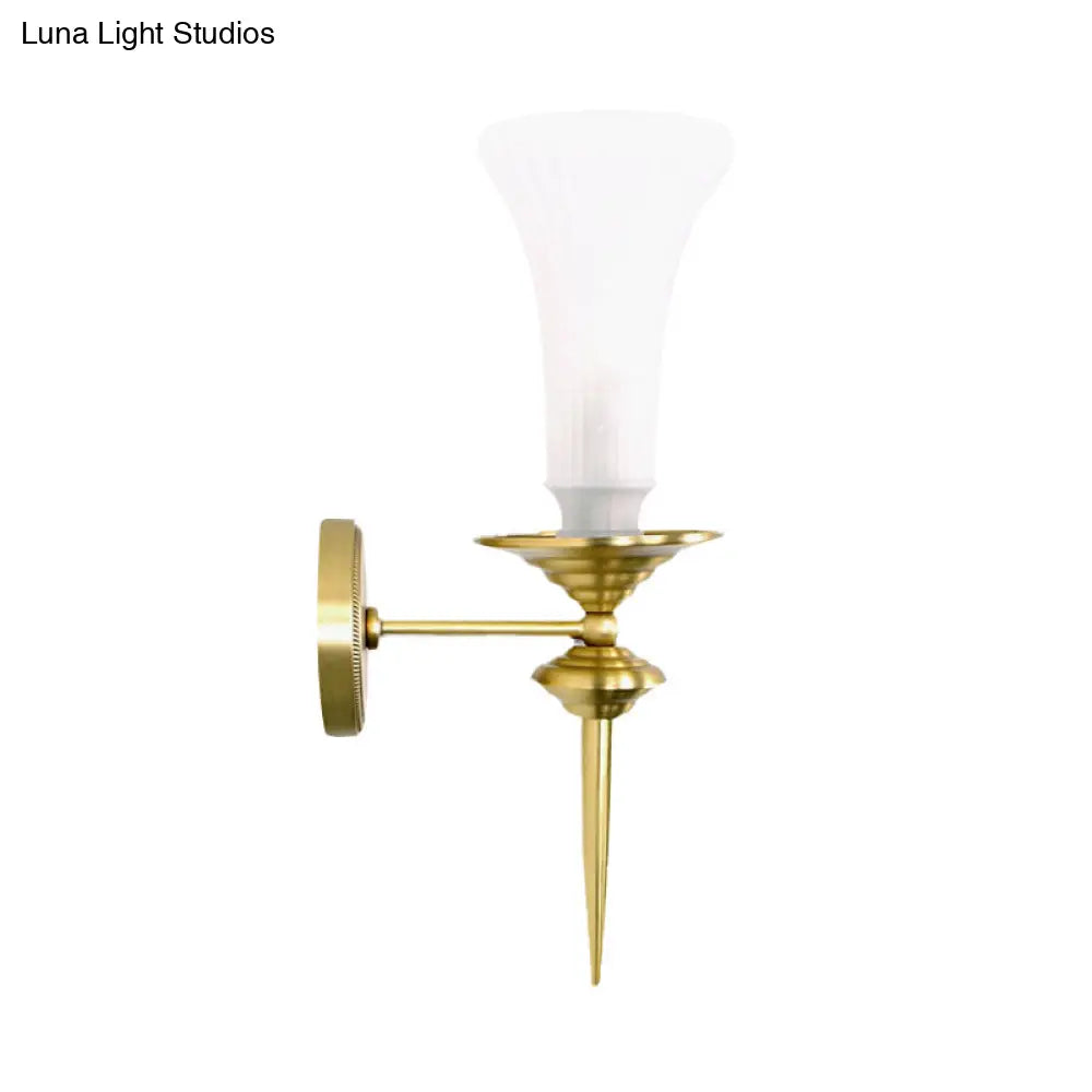 Traditional Gold Flush Mount Trumpet Milk Glass Wall Sconce For Hallway