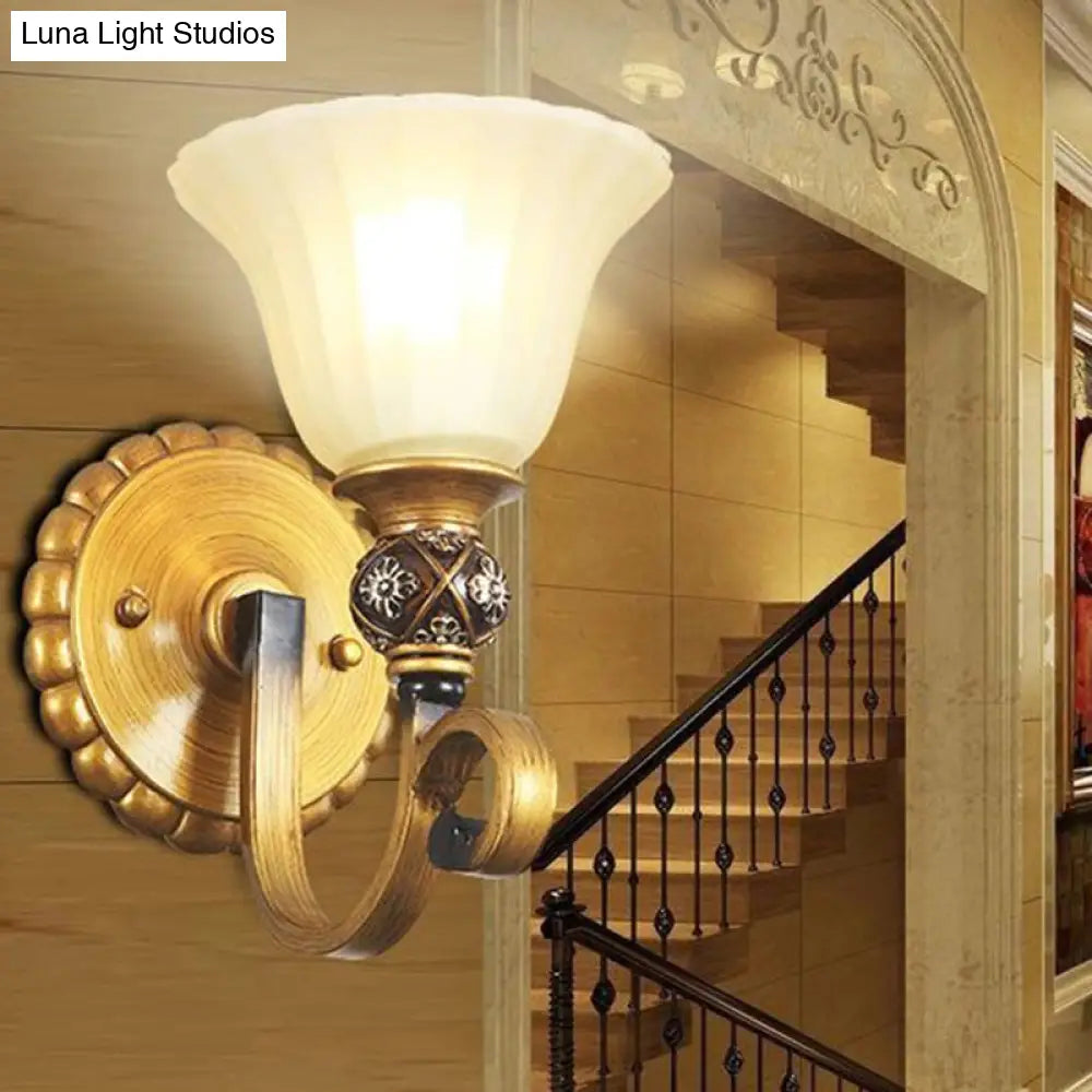 Traditional Gold Frosted Glass Vanity Light Fixture - 1/2/3 Lights Cup Shape/Bell Bathroom Wall