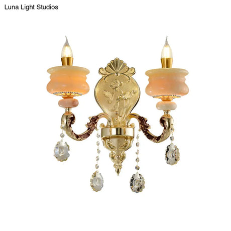 Traditional Gold Jade Candelabra Wall Lamp With Crystal Drop - Mounted Light Fixture