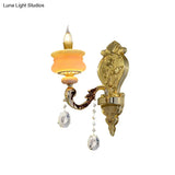 Traditional Gold Jade Candelabra Wall Lamp With Crystal Drop - Mounted Light Fixture