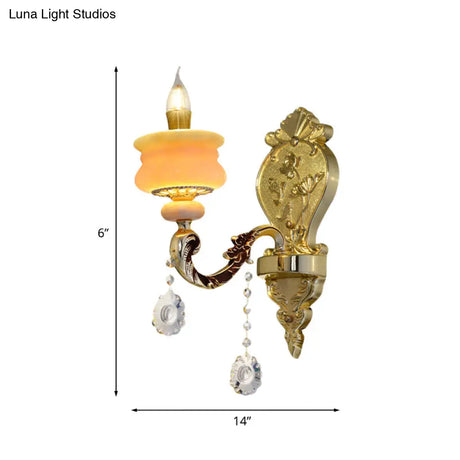 Traditional Gold Jade Candelabra Wall Lamp With Crystal Drop - Mounted Light Fixture