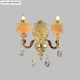 Traditional Gold Jade Candelabra Wall Lamp With Crystal Drop - Mounted Light Fixture