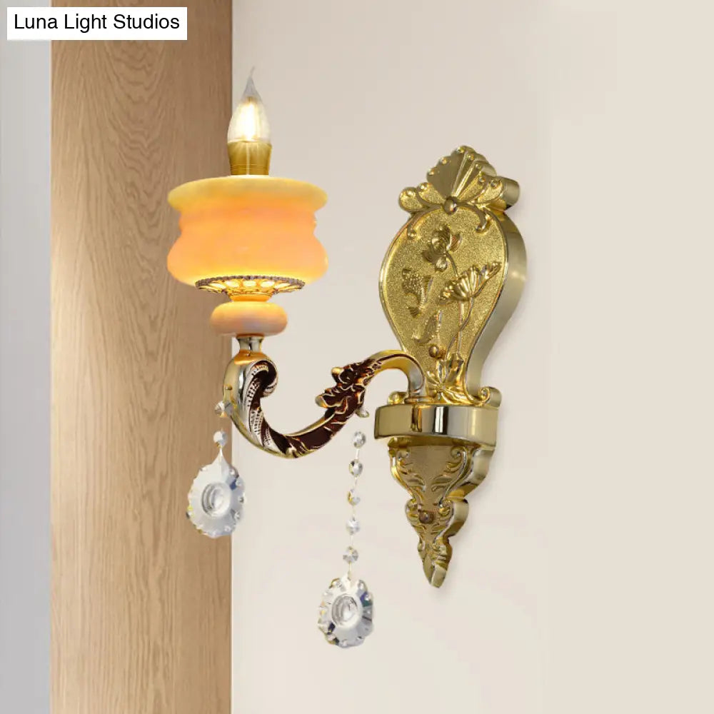 Traditional Gold Jade Candelabra Wall Lamp With Crystal Drop - Mounted Light Fixture