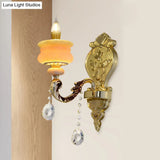 Traditional Gold Jade Candelabra Wall Lamp With Crystal Drop - Mounted Light Fixture