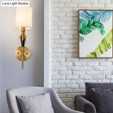 Traditional Gold Metal Wall Sconce Light With Fabric Shade - Cylinder Design