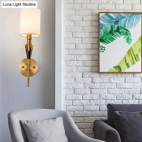 Traditional Gold Metal Wall Sconce Light With Fabric Shade - Cylinder Design