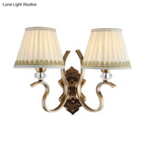 Traditional Gold Pleated Wall Sconce With Crystal Accent - Fabric Shade Half Bulb Ideal For Living