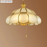 Traditional Gold Scalloped Corridor Chandelier Light - 6 Bulbs Cream Glass Suspension With Pull