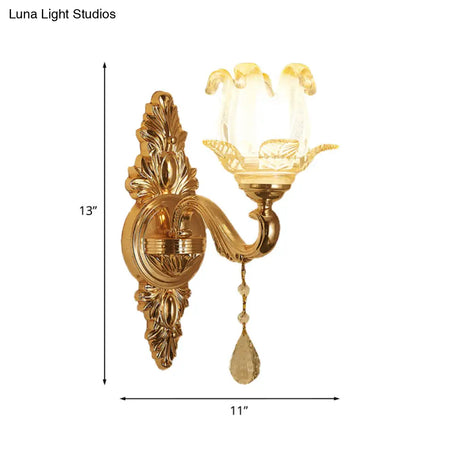 Traditional Gold Sconce Light With Frosted Glass Floral Design - Ideal For Living Room Wall Lighting