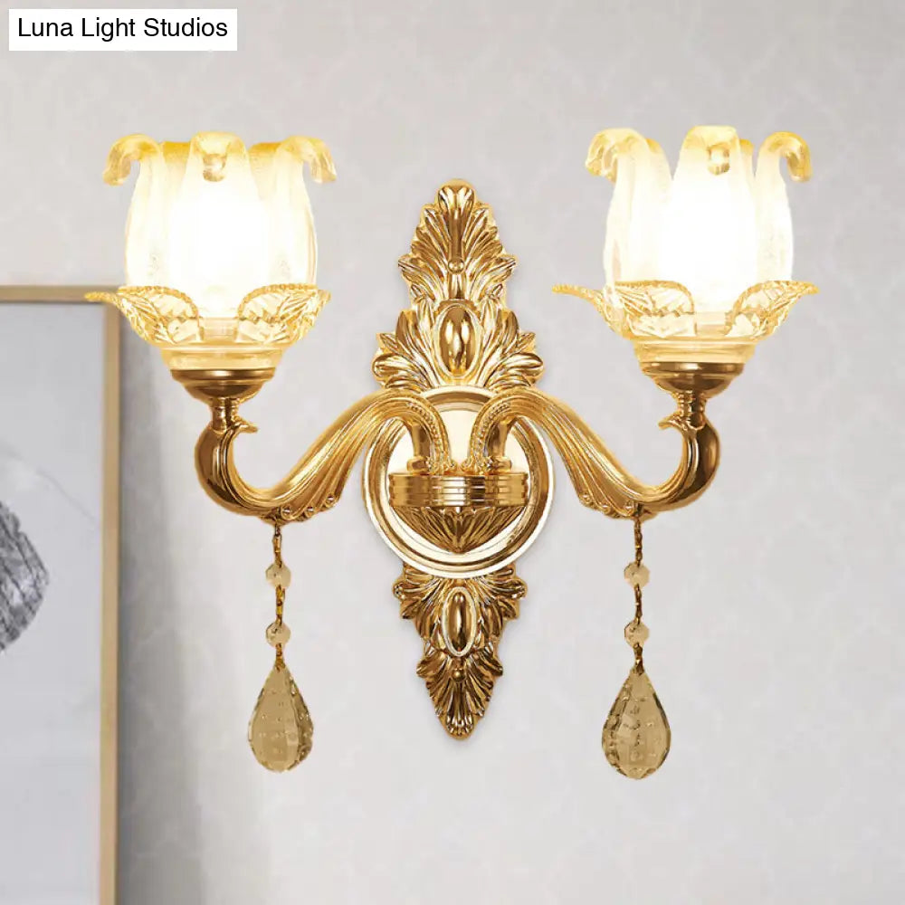 Traditional Gold Sconce Light With Frosted Glass Floral Design - Ideal For Living Room Wall Lighting