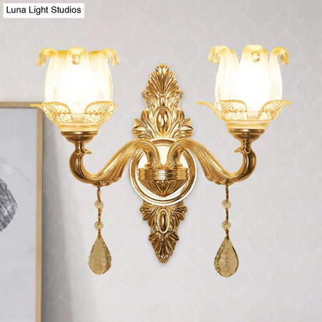 Traditional Gold Sconce Light With Frosted Glass Floral Design - Ideal For Living Room Wall Lighting