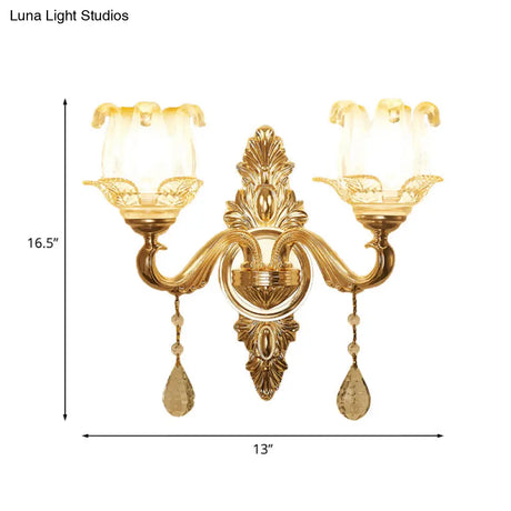Traditional Gold Sconce Light With Frosted Glass Floral Design - Ideal For Living Room Wall Lighting
