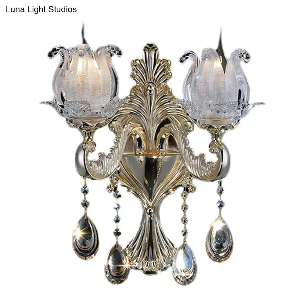 Traditional Gold Semi-Open Flower Frosted Glass Sconce For Living Room Wall.