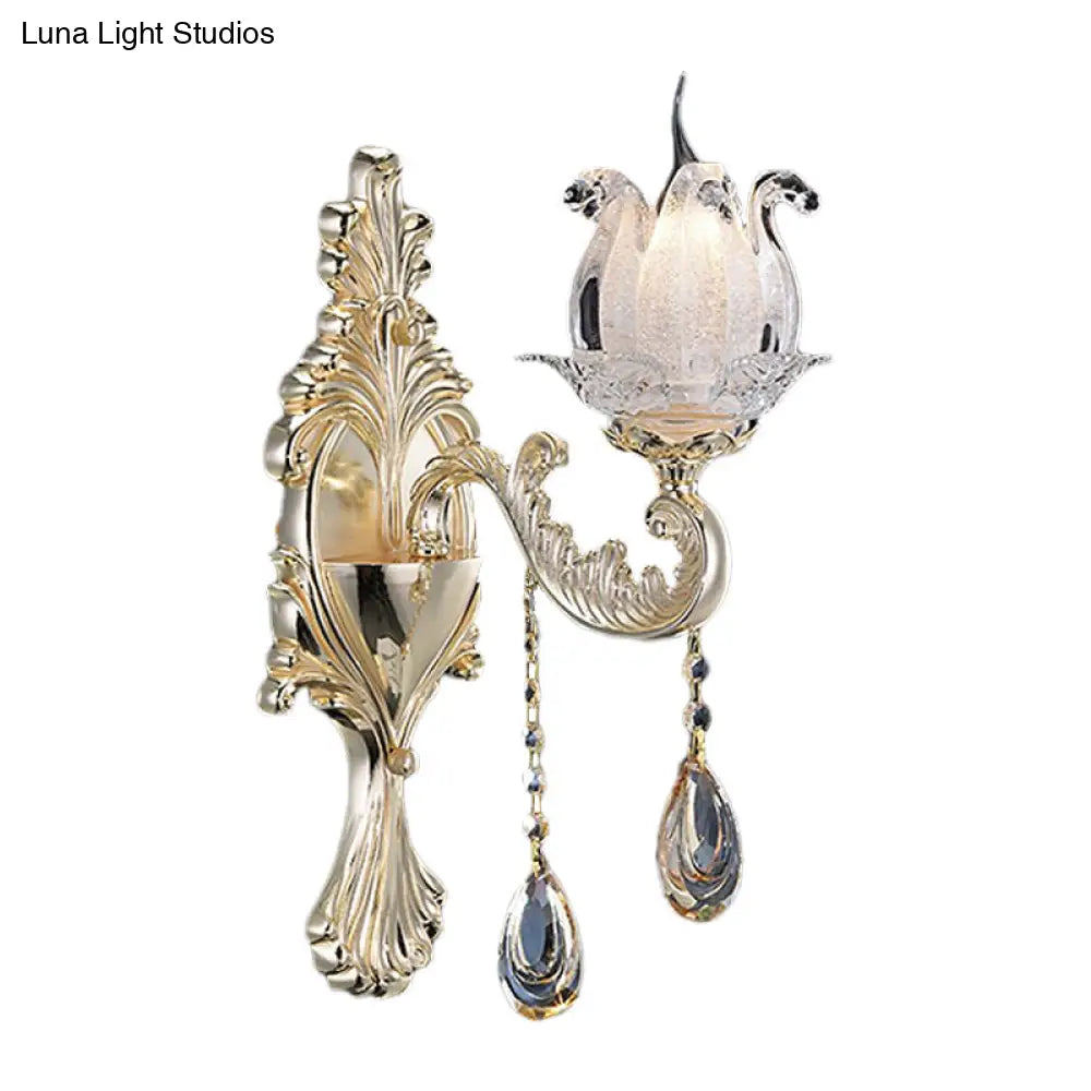 Traditional Gold Semi-Open Flower Frosted Glass Sconce For Living Room Wall.