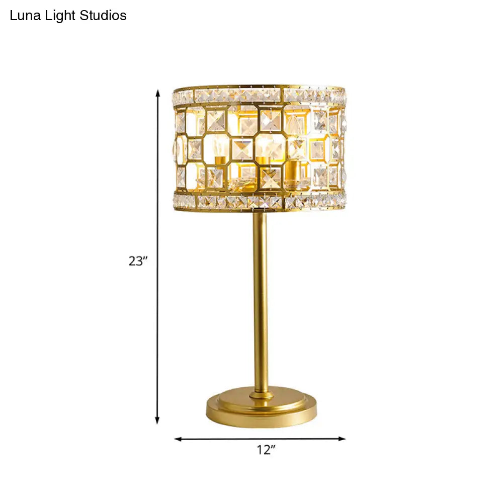 Traditional K9 Crystal Drum Table Lamp With Gold Hollowed Out Design - 3-Light Nightstand Light For