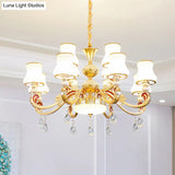 Traditional Living Room Chandelier With Crystal Draping - White Glass Bud Ceiling Lighting