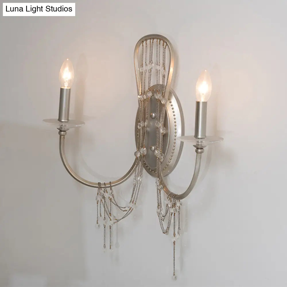 Traditional Metal Bedroom Wall Light With Crystal Drop- 2-Light Open Bulb Sconce - Chrome Finish