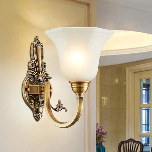 Traditional Metal Curved Arm Wall Lamp With Frosted Glass Shade 1 / Brass