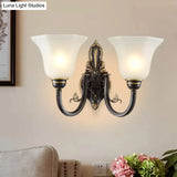 Traditional Metal Curved Arm Wall Lamp With Frosted Glass Shade