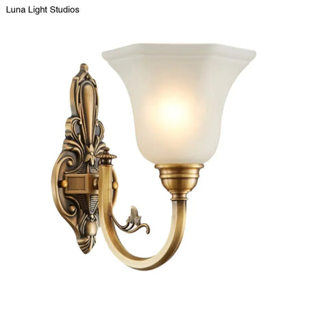 Traditional Metal Curved Arm Wall Lamp With Frosted Glass Shade