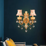 Traditional Metal Double Arm Sconce Light Fixture With Crystal Drop And Fabric Shade - Golden Wall