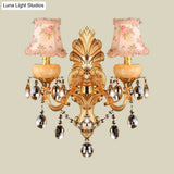 Traditional Metal Double Arm Sconce Light Fixture With Crystal Drop And Fabric Shade - Golden Wall