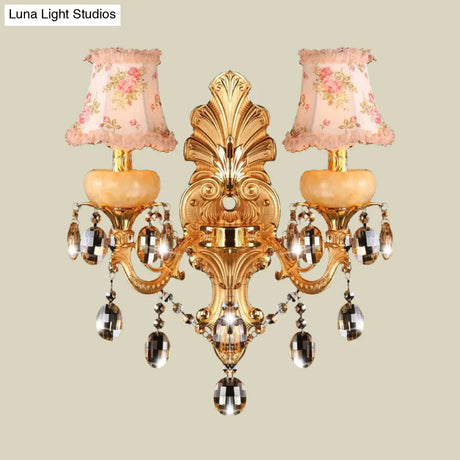 Traditional Metal Double Arm Sconce Light Fixture With Crystal Drop And Fabric Shade - Golden Wall