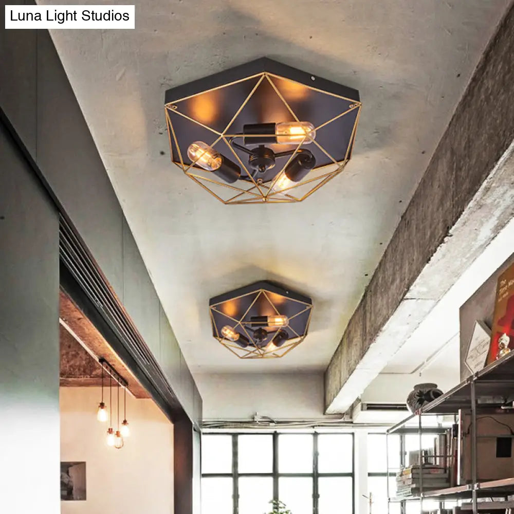 Traditional Metal Prism Cage Foyer Ceiling Light – Black Flush Mount Fixture With 3 Heads
