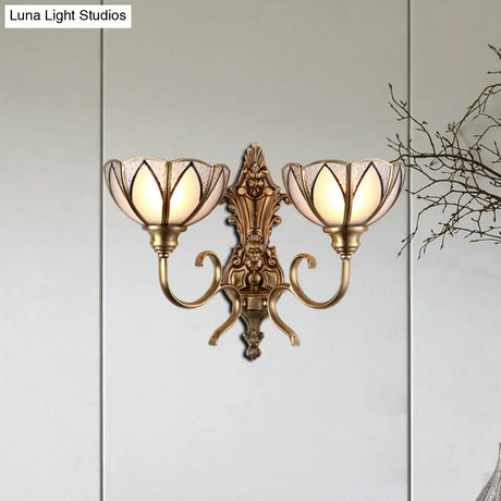 Traditional Metal Wall Lamp With Brass Finish And White Glass Shade - Bowl Hallway Design 1/2 Heads