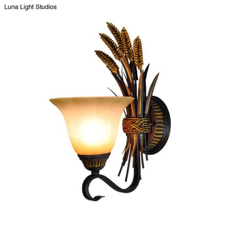 Traditional Milk Glass Brass Sconce Lamp Wall Mounted Wheat Spike Decor Flared Design - 1 Head Light