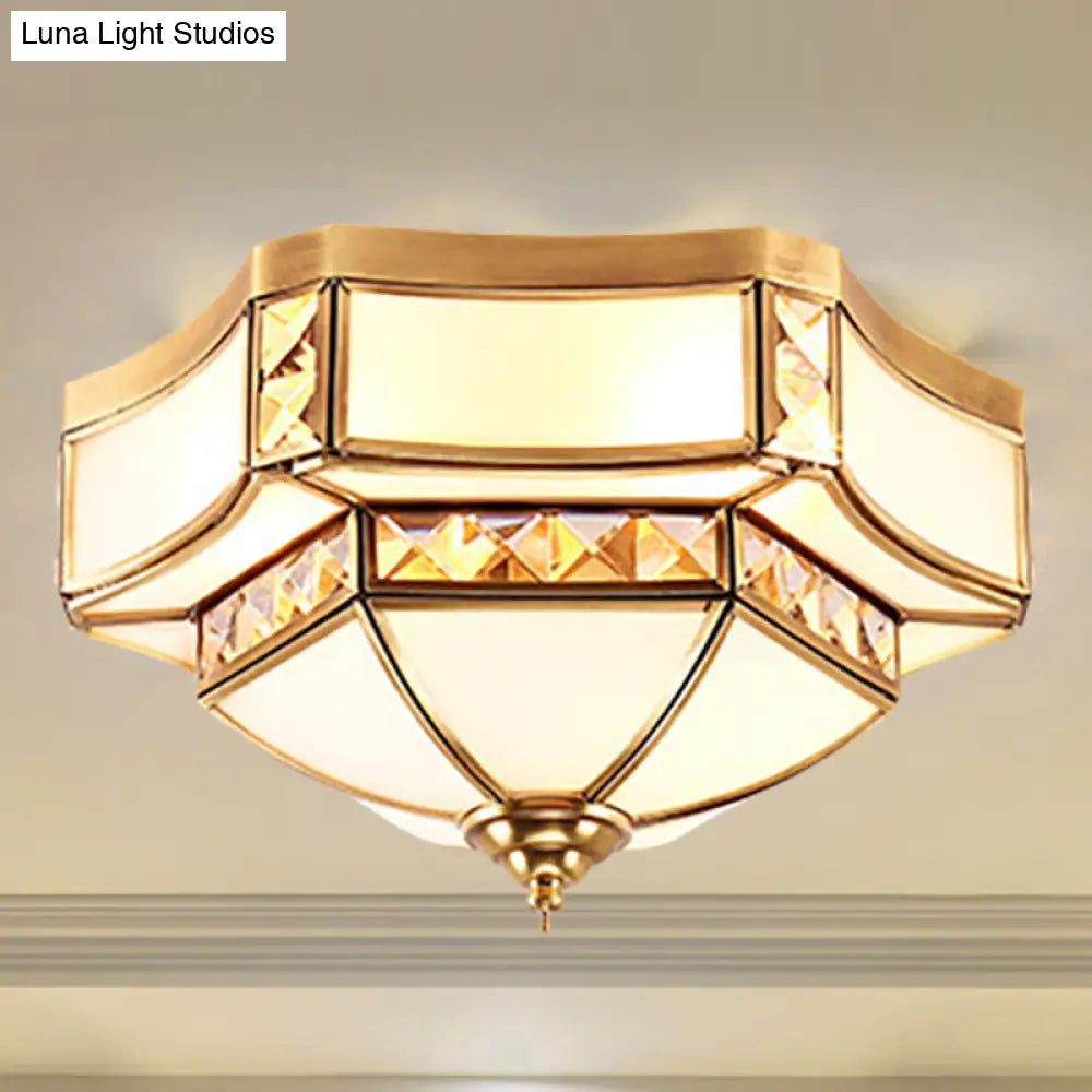 Traditional Opal Glass Bowl Ceiling Flush Mount With Gold Finish - Ideal For Bedroom Lighting