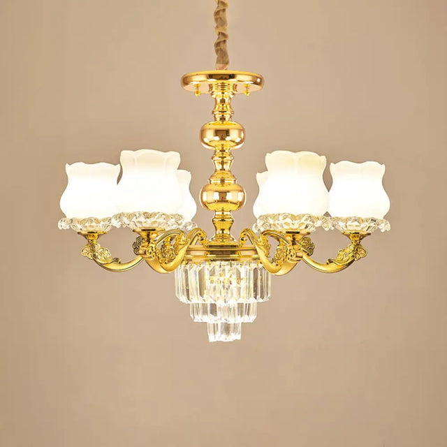 Traditional Opal Glass Gold Chandelier With Crystal Deco - Flower Restaurant Hanging Light Fixture 6