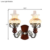 Traditional Opal Glass Wall Sconce Light With Flower Pattern - Brass 2 Bulbs