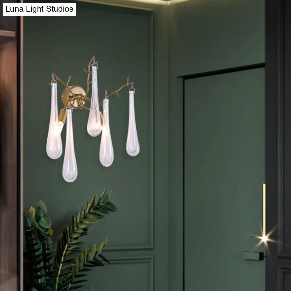 Traditional Raindrop 2-Head Wall Mount Lamp In Gold With Clear Glass - Sconce Light