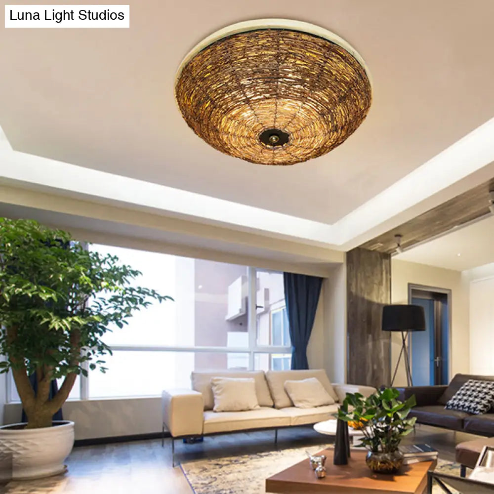 Traditional Rattan Wood Bowl Flush Ceiling Lamp - 3 Bulb Light Fixture 12.5’/16.5’ Wide