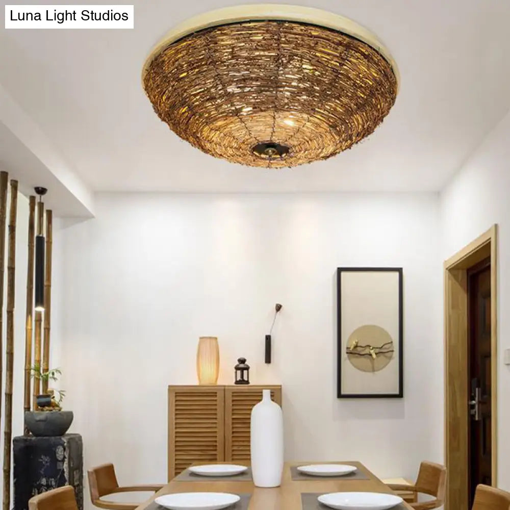 Traditional Rattan Wood Bowl Flush Ceiling Lamp - 3 Bulb Light Fixture 12.5’/16.5’ Wide