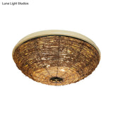 Traditional Rattan Wood Bowl Flush Ceiling Lamp - 3 Bulb Light Fixture 12.5’/16.5’ Wide