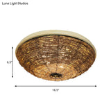 Traditional Rattan Wood Bowl Flush Ceiling Lamp - 3 Bulb Light Fixture 12.5’/16.5’ Wide