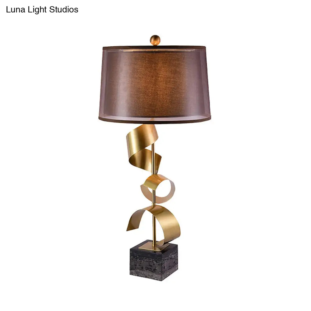 Traditional Red Brown Bedroom Table Lamp With Drum Fabric Shade
