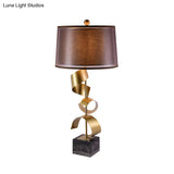 Traditional Red Brown Bedroom Table Lamp With Drum Fabric Shade