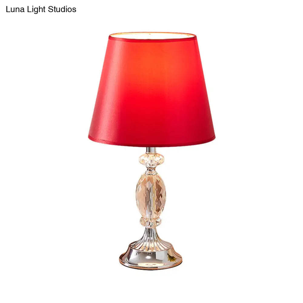Traditional Red/Coffee/Flaxen Tapered Table Lamp With Fabric Shade And Beveled Crystal Blocks -