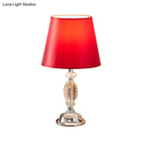 Traditional Red/Coffee/Flaxen Tapered Table Lamp With Fabric Shade And Beveled Crystal Blocks -