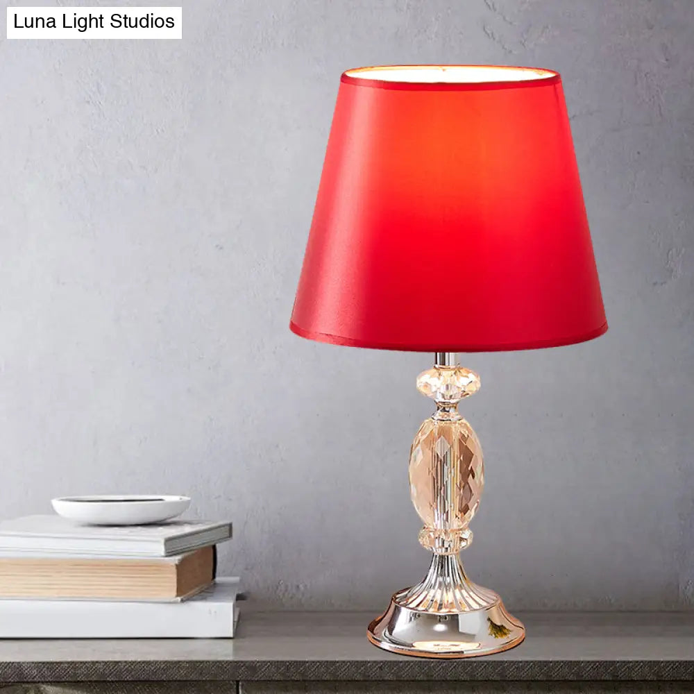 Traditional Red/Coffee/Flaxen Tapered Table Lamp With Fabric Shade And Beveled Crystal Blocks -