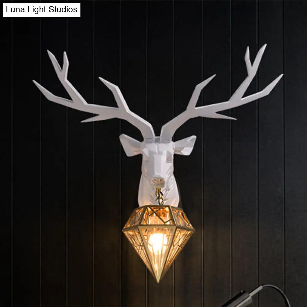 Traditional Resin Deer Wall Light With Diamond Metal Shade - 1 Sconce In White/Black 14.5/19.5 Wide