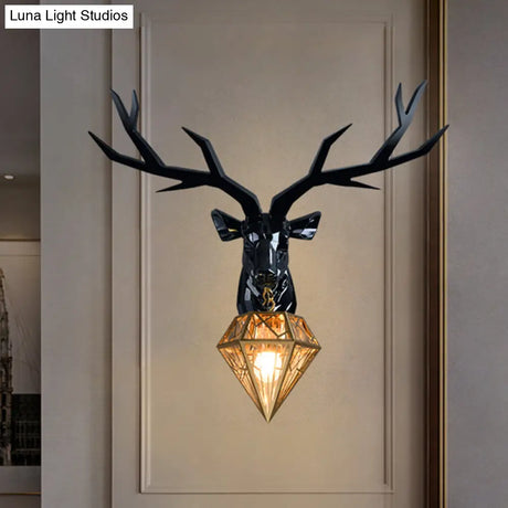 Traditional Resin Deer Wall Light With Diamond Metal Shade - 1 Sconce In White/Black 14.5/19.5 Wide