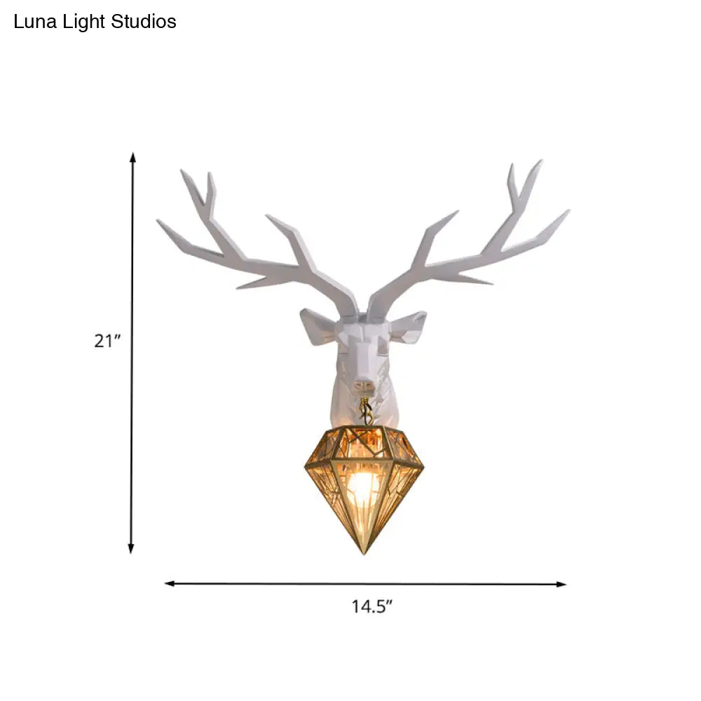 Traditional Resin Deer Wall Light With Diamond Metal Shade - 1 Sconce In White/Black 14.5/19.5 Wide