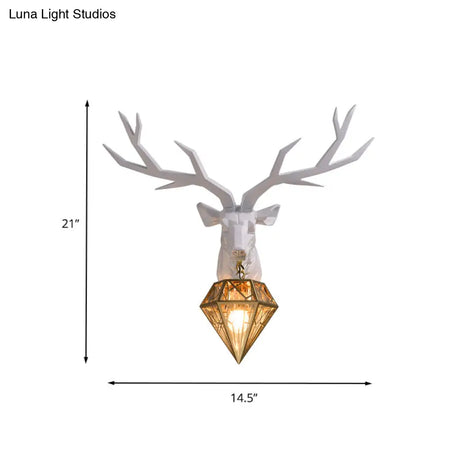 Traditional Resin Deer Wall Light With Diamond Metal Shade - 1 Sconce In White/Black 14.5/19.5 Wide