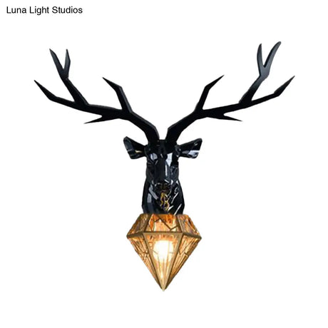 Traditional Resin Deer Wall Light With Diamond Metal Shade - 1 Sconce In White/Black 14.5/19.5 Wide